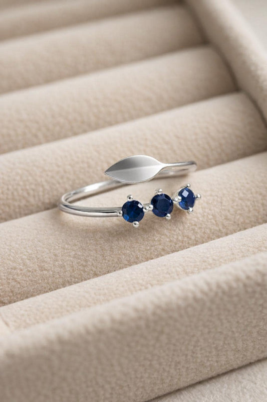 Sterling Silver Blue CZ Leaf Open Ring, Trio Stone Adjustable Band