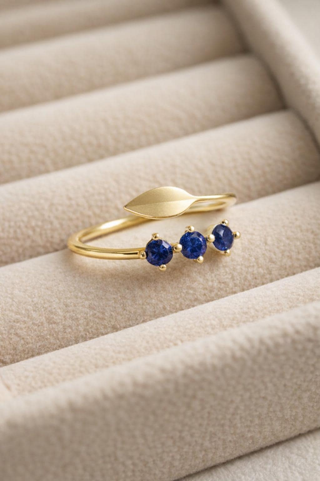 Sterling Silver Blue CZ Leaf Open Ring, Trio Stone Adjustable Band
