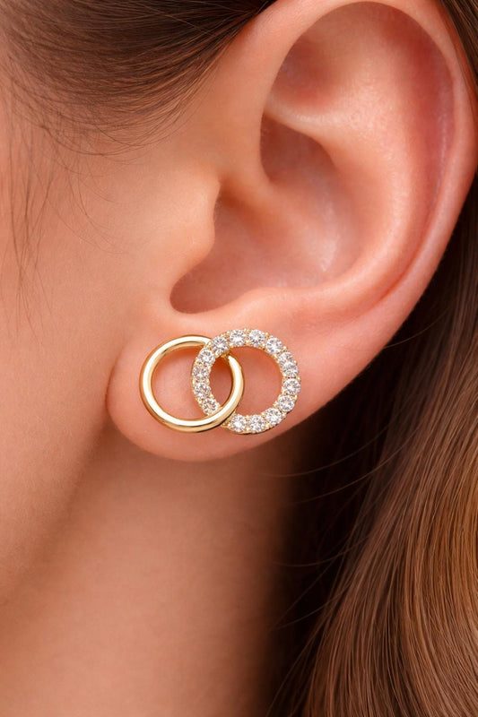 925 Sterling Silver Double Circle CZ Stud Earrings, Minimalist Geometric Pave Design