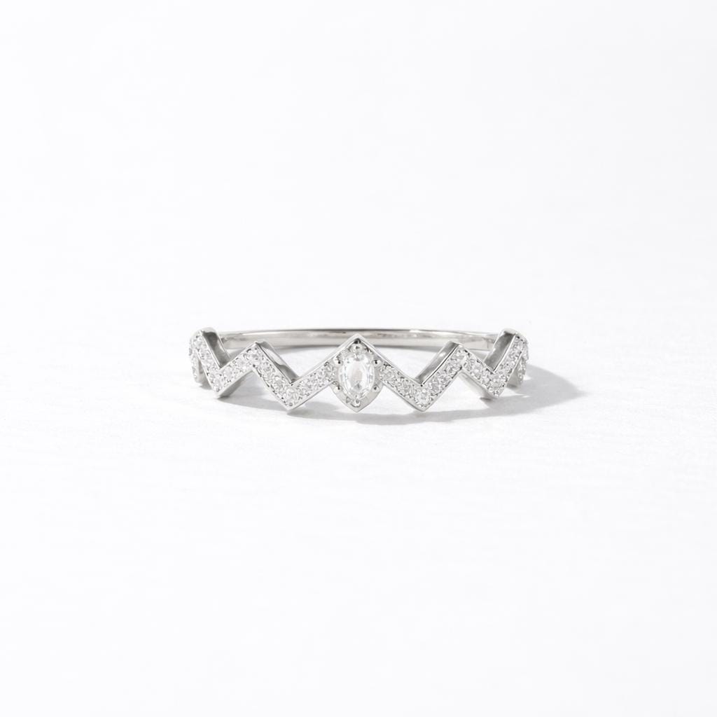 Sterling Silver Crown Ring, Marquise CZ Zigzag Band, Stackable Wedding Band