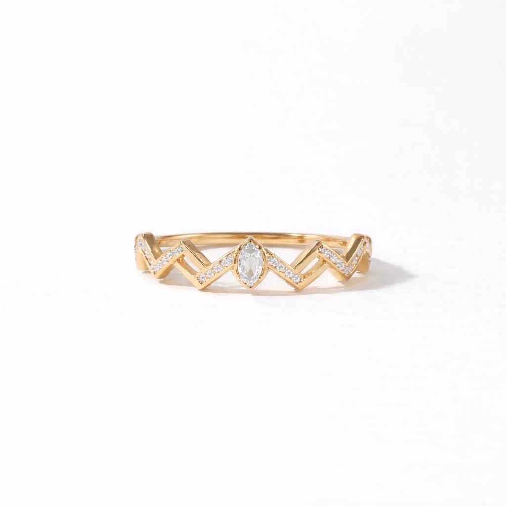 Sterling Silver Crown Ring, Marquise CZ Chevron Band, Stackable Wedding Ring
