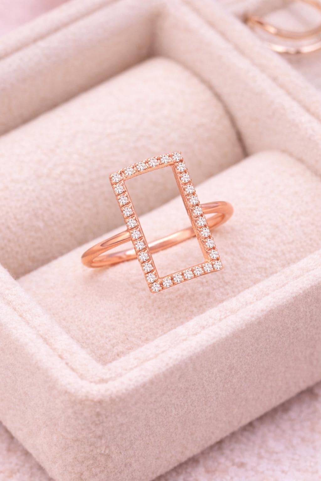 925 Sterling Silver Rectangle Ring, Pave CZ Geometric Open Frame, Minimalist Stackable Jewelry