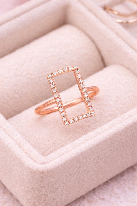 925 Sterling Silver Rectangle Ring, Pave CZ Geometric Open Frame, Minimalist Stackable Jewelry
