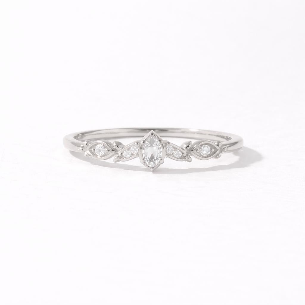 925 Sterling Silver Marquise CZ Vine Ring, Vintage Leaf Wedding Band, Nature Stackable Gift