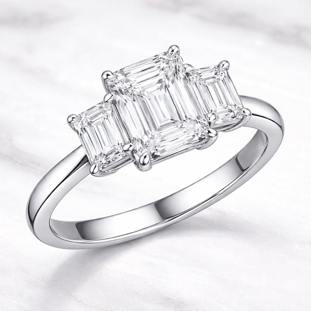 Emerald Cut Moissanite Three Stone Ring, 925 Sterling Silver Engagement Ring