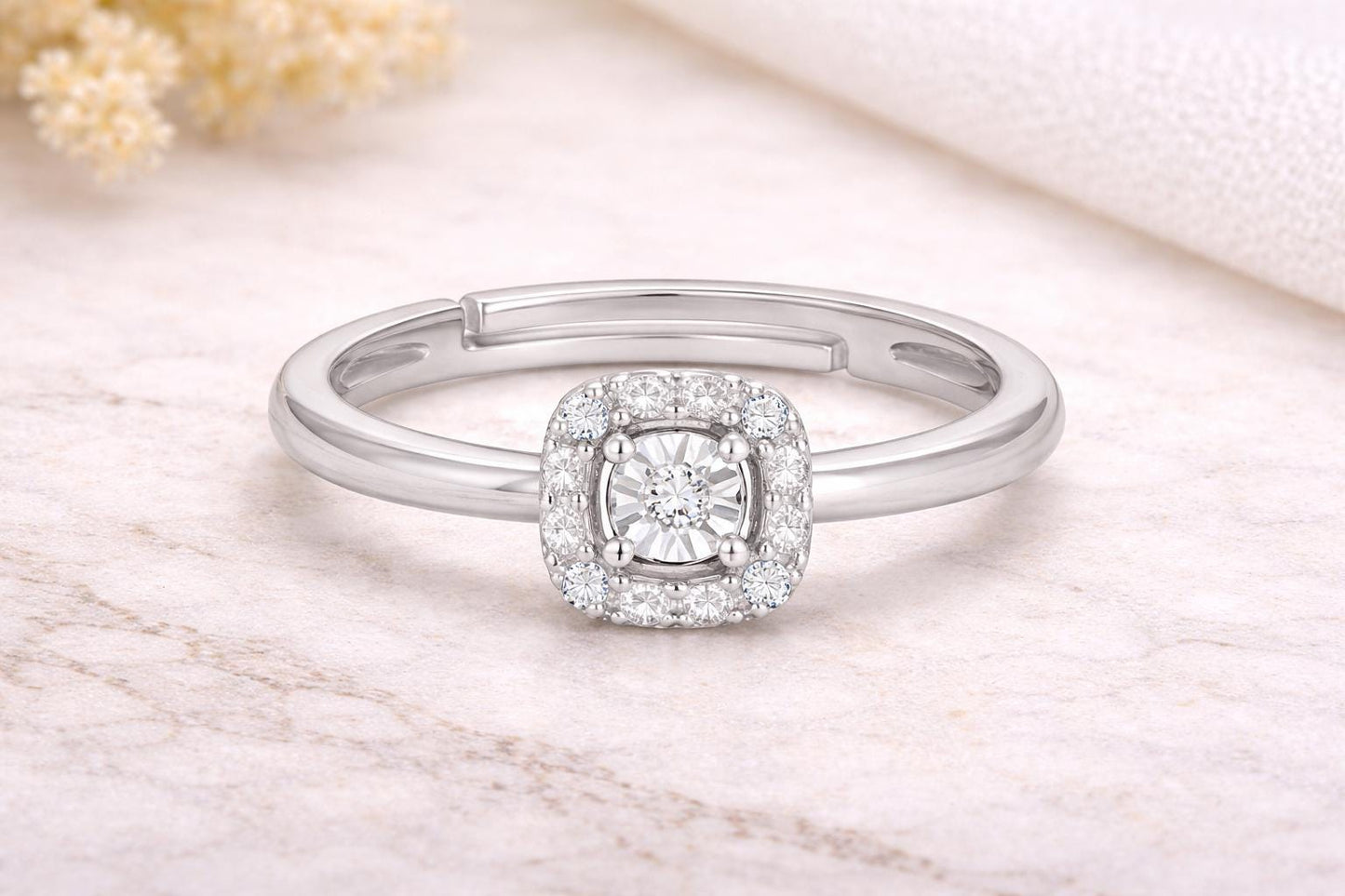 925 Sterling Silver Square Halo Ring, Adjustable Dainty Engagement Ring, Diamond Look