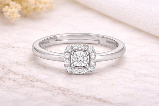 925 Sterling Silver Square Halo Ring, Adjustable Dainty Engagement Ring, Diamond Look