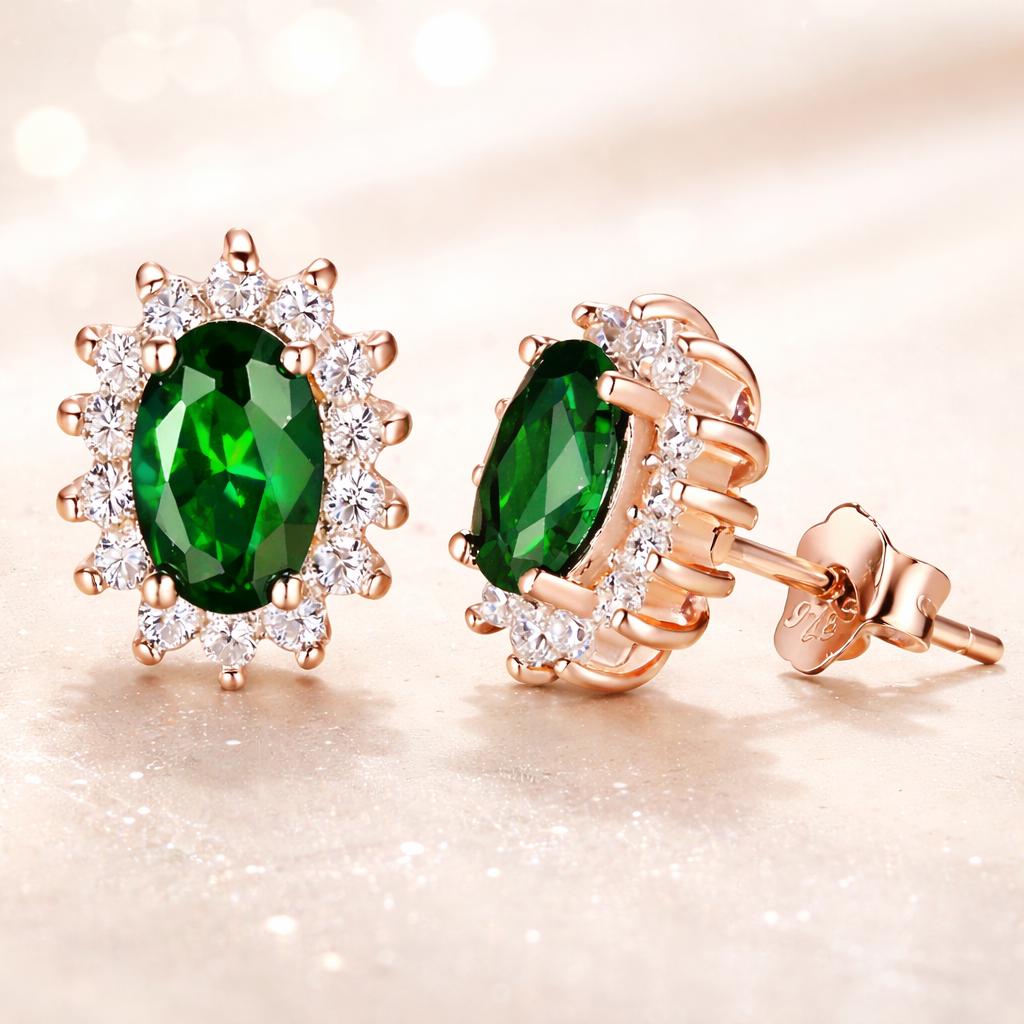 925 Sterling Silver Emerald Green Oval Halo Stud Earrings, Diamond Look, Gift for Her