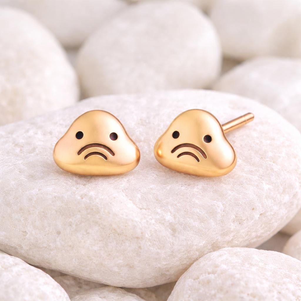 Sad Face Stud 925 Silver | Blob Emoji Jewelry | Minimalist Kawaii Studs |
