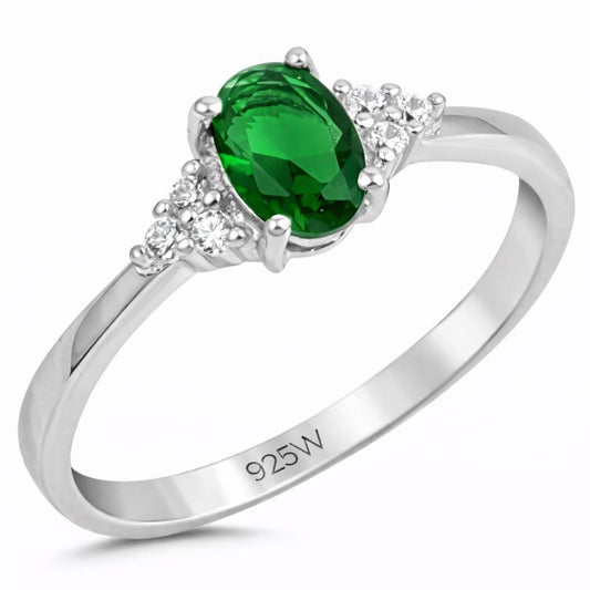 925 Sterling Silver Oval Emerald Green CZ Ring, Dainty Engagement Promise Ring