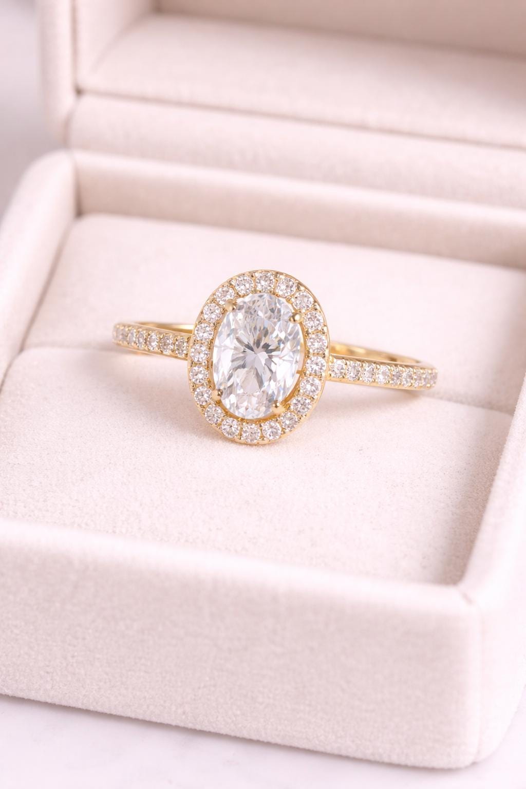Sterling Silver Oval CZ Halo Engagement Ring, Pave Band Bridal Promise Jewelry