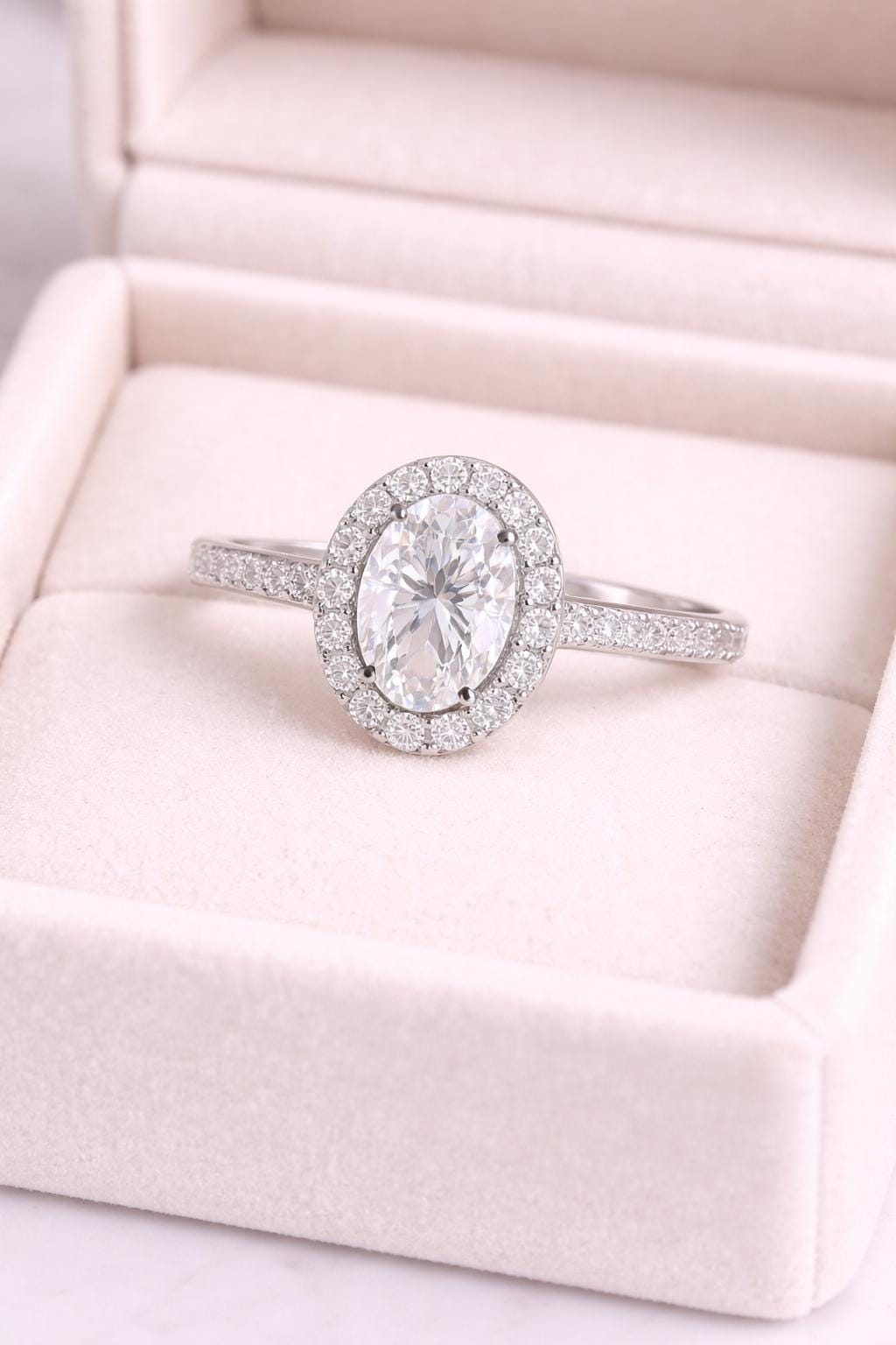 Sterling Silver Oval CZ Halo Engagement Ring, Pave Band Bridal Promise Jewelry