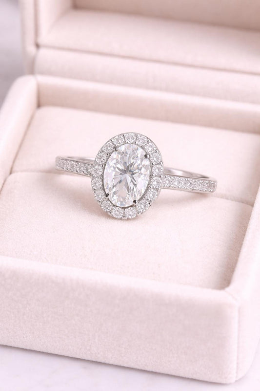 Sterling Silver Oval CZ Halo Engagement Ring, Pave Band Bridal Promise Jewelry