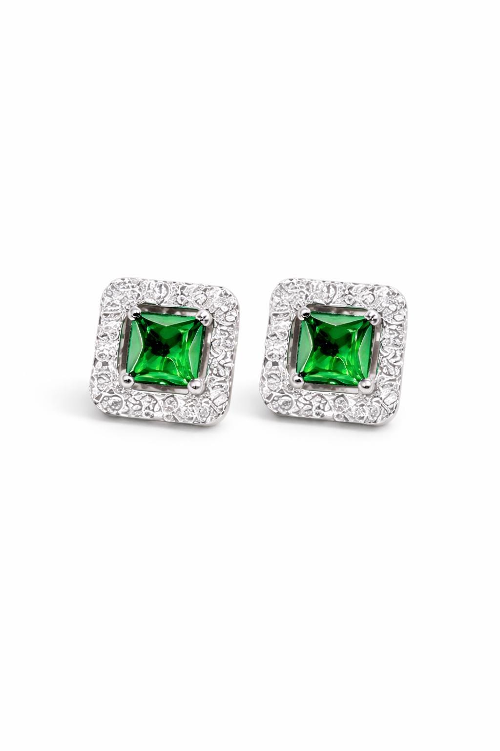 925 Sterling Silver Green CZ Halo Stud Earrings, Princess Cut Square Emerald, Dainty Gift