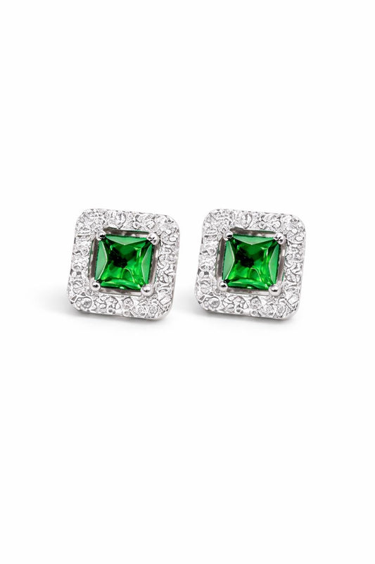 925 Sterling Silver Green CZ Halo Stud Earrings, Princess Cut Square Emerald, Dainty Gift