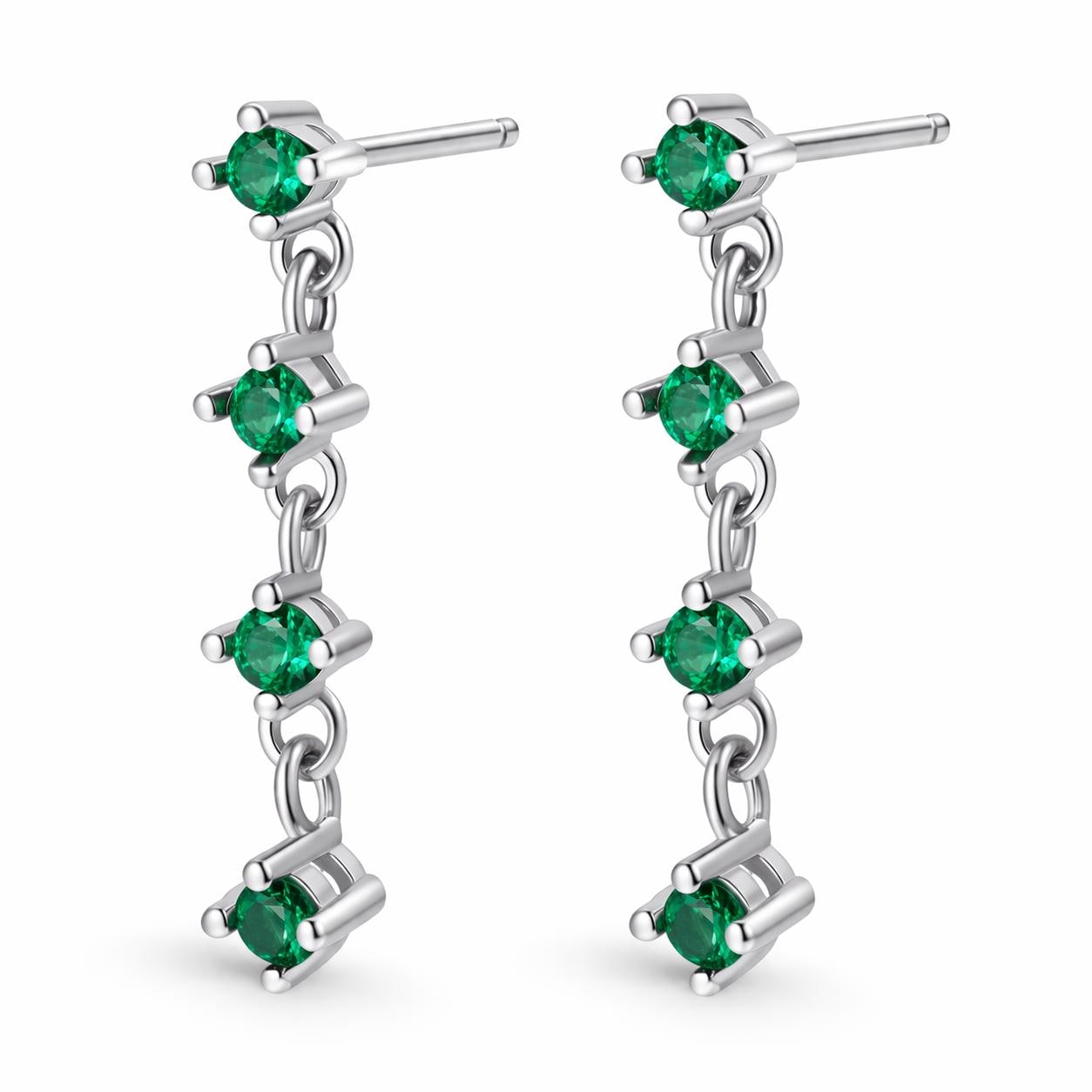 925 Sterling Silver Emerald Green CZ Drop Chain Earrings, Minimal Dangle Style
