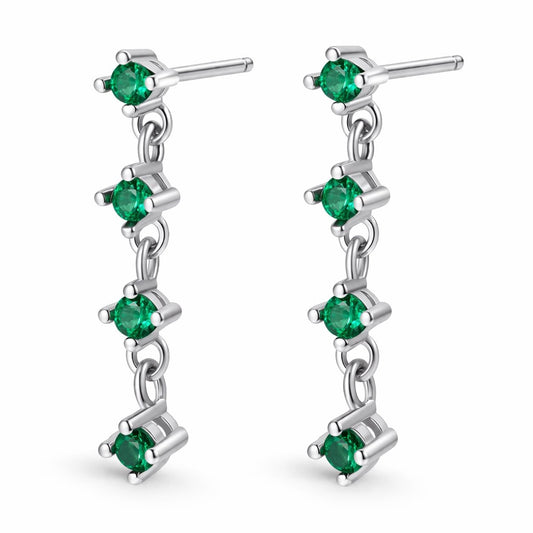 925 Sterling Silver Emerald Green CZ Drop Chain Earrings, Minimal Dangle Style
