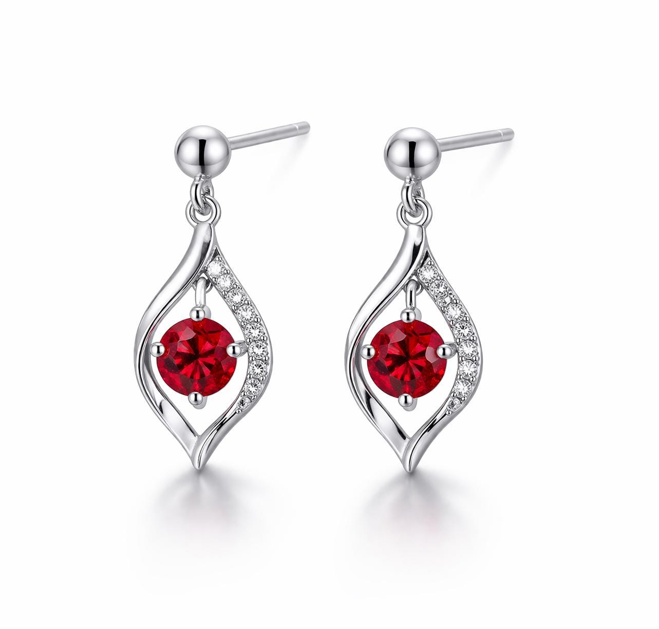 925 Sterling Silver Garnet Leaf Dangle Earrings, Red Gemstone Accent CZ Jewelry