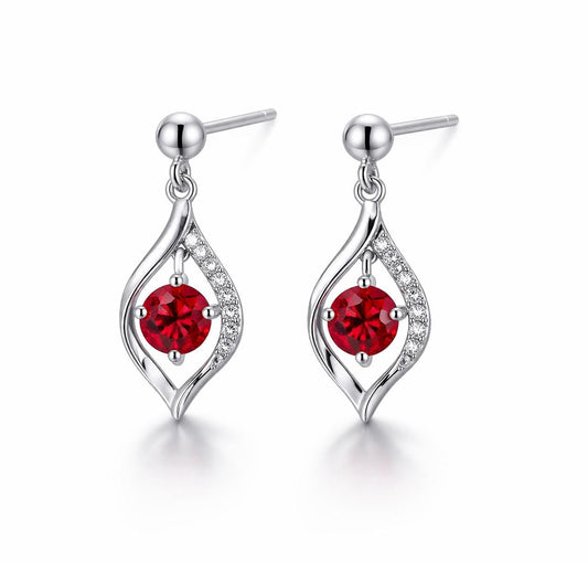925 Sterling Silver Garnet Leaf Dangle Earrings, Red Gemstone Accent CZ Jewelry