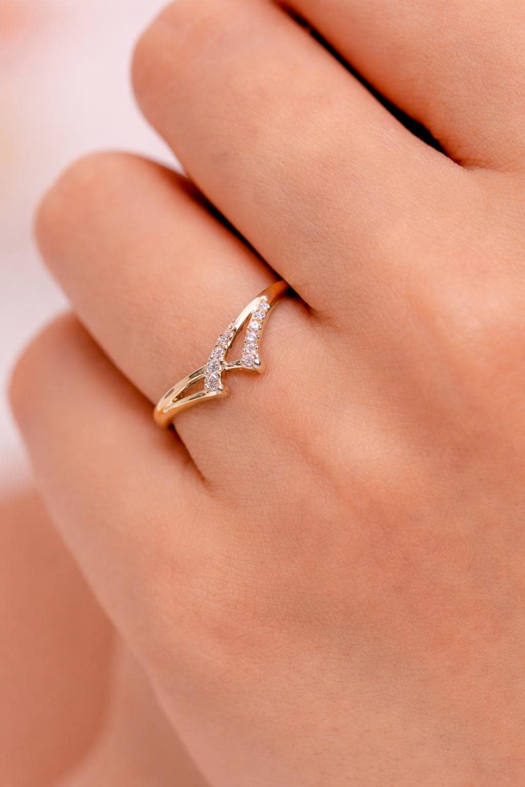 925 Sterling Silver Double Chevron Ring, Pave CZ V Shape Stackable Band