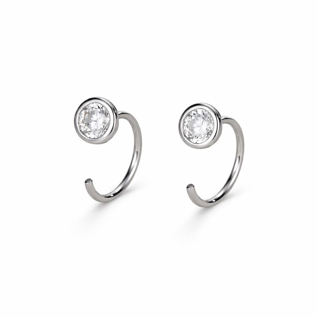 925 Sterling Silver CZ Open Hoop Earrings, Minimalist Dainty Ear Huggers