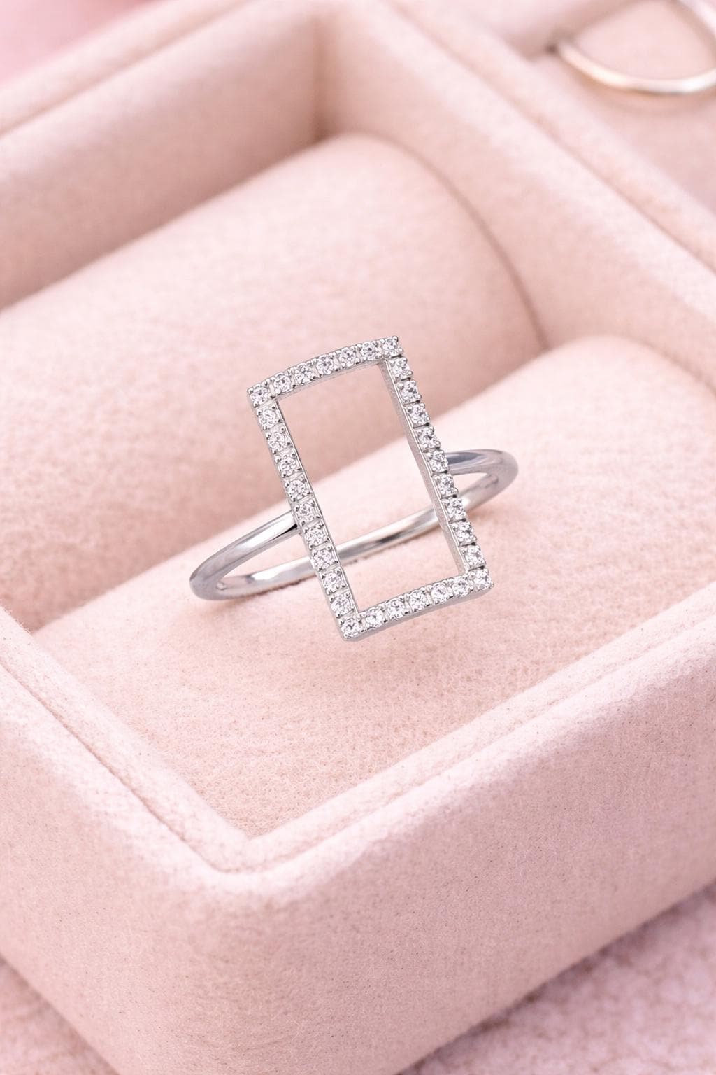 925 Sterling Silver Rectangle Ring, Pave CZ Geometric Open Frame, Minimalist Stackable Jewelry