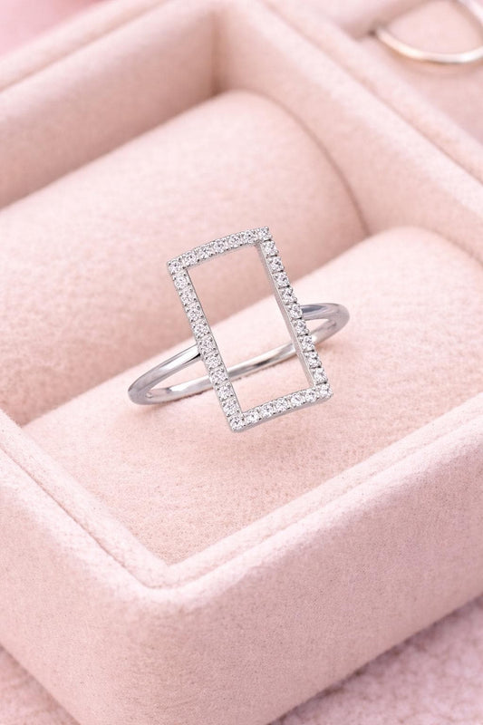 925 Sterling Silver Rectangle Ring, Pave CZ Geometric Open Frame, Minimalist Stackable Jewelry