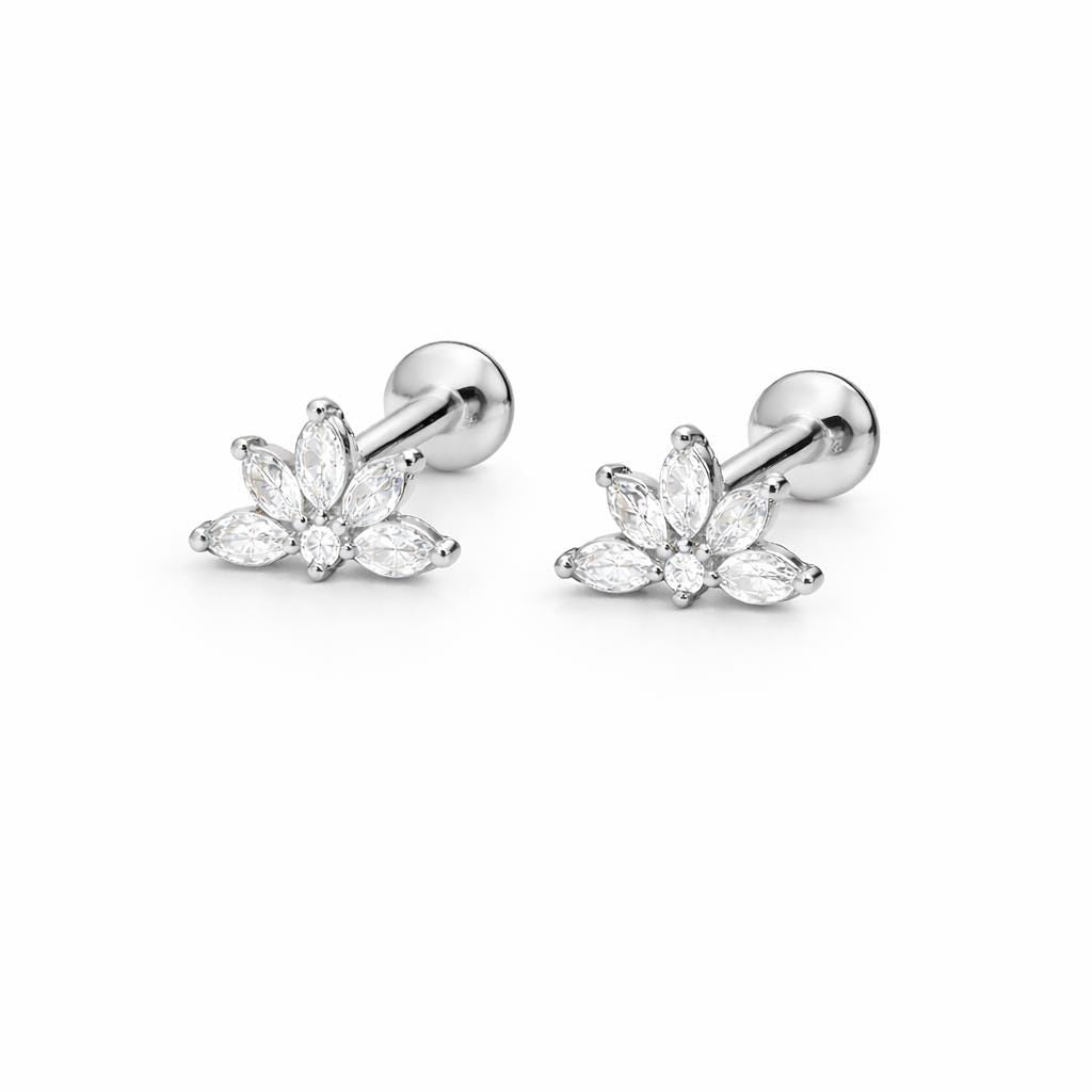 925 Sterling Silver Floral CZ Stud Earrings, Marquise Cut Dainty Studs
