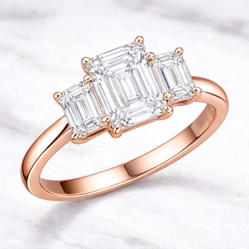 Emerald Cut Moissanite Three Stone Ring, 925 Sterling Silver Engagement Ring