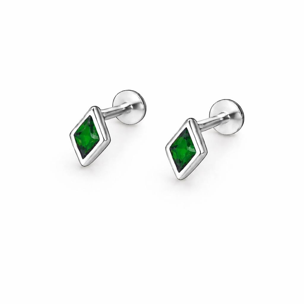925 Sterling Silver Green CZ Diamond Stud Earrings, Minimalist Geometric Dainty Jewelry