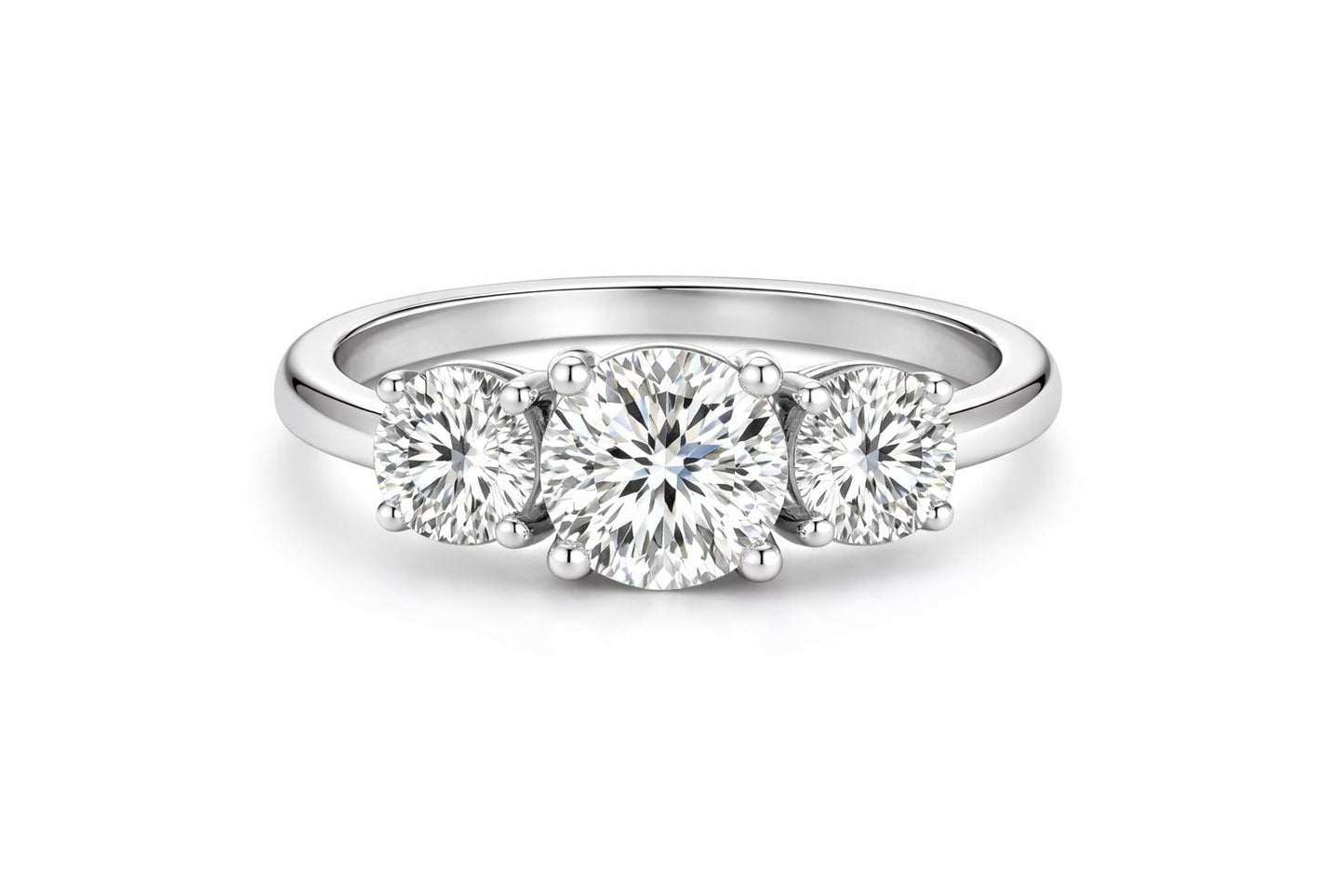 925 Sterling Silver Moissanite Three Stone Ring, Round Cut Engagement Trilogy Band