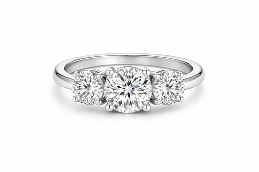 925 Sterling Silver Moissanite Three Stone Ring, Round Cut Engagement Trilogy Band