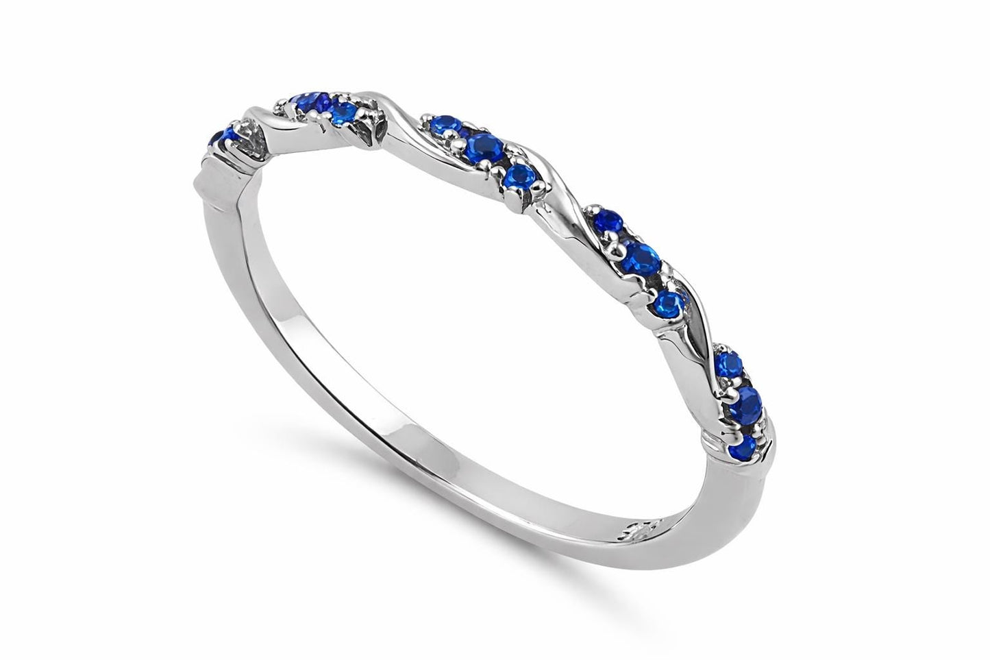 925 Sterling Silver Blue CZ Chevron Ring, Minimal Wedding Stack Band