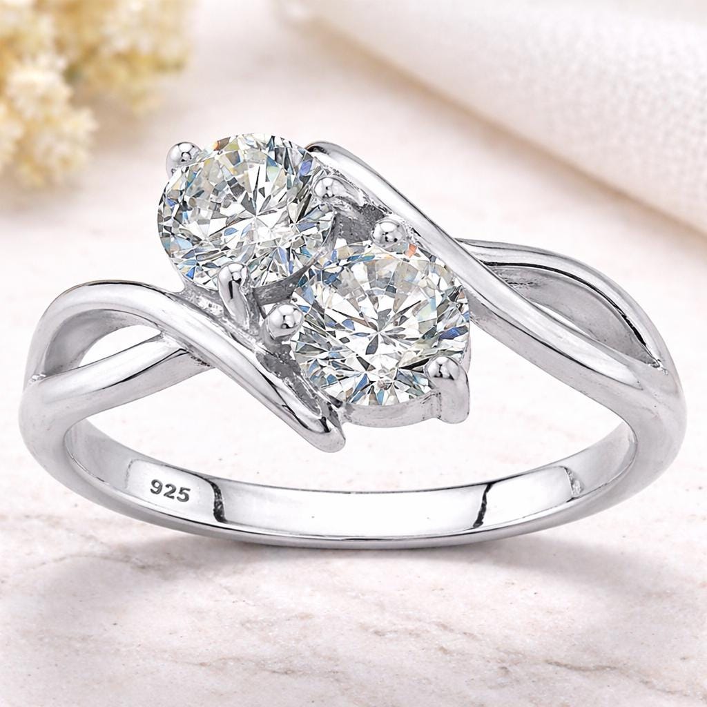 Sterling Silver Moissanite Two-Stone Bypass Ring, Round Cut Dainty Minimalist Promise Ring