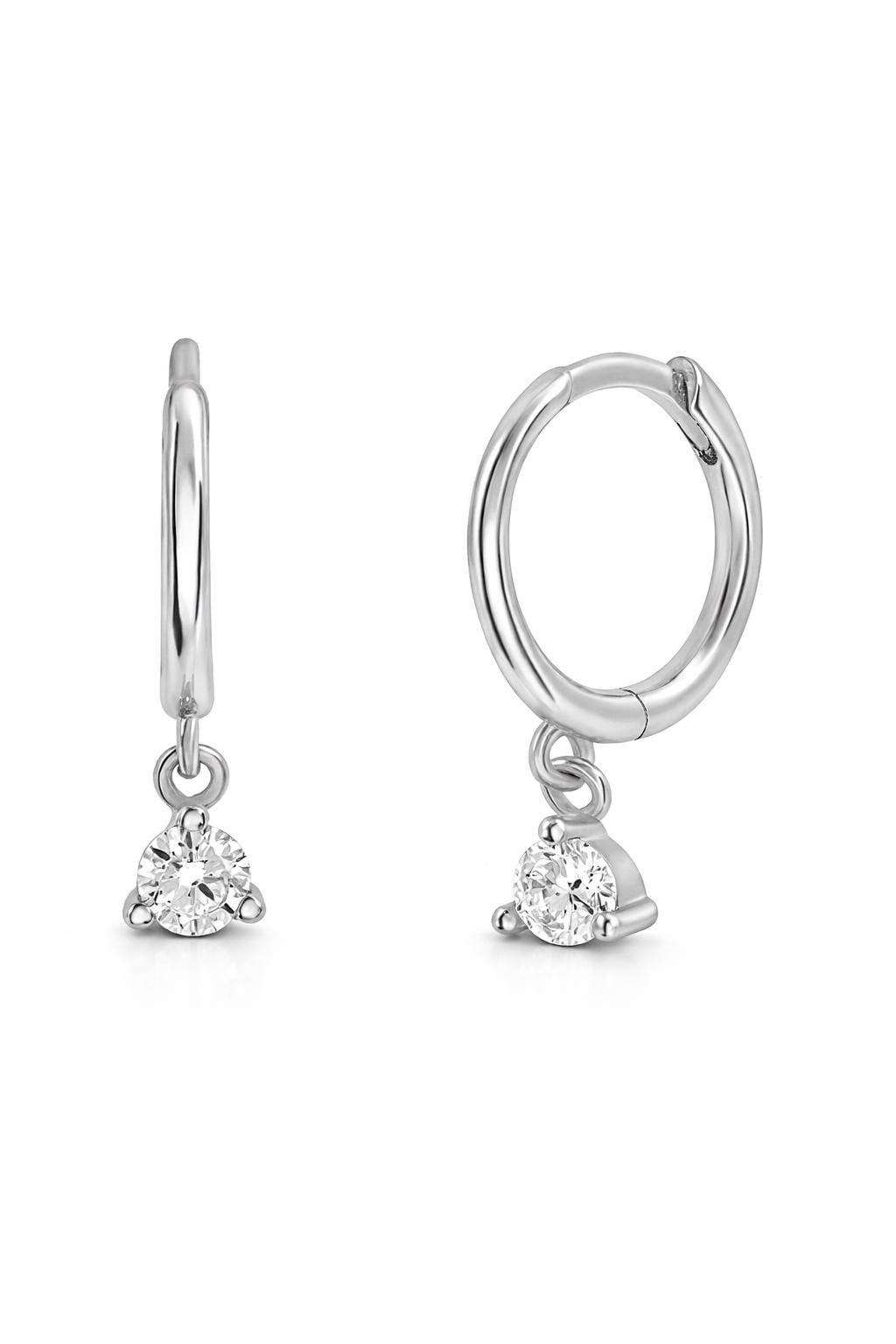 Sterling Silver CZ Dangle Hoop Earrings, Minimalist Huggie Drop Jewelry