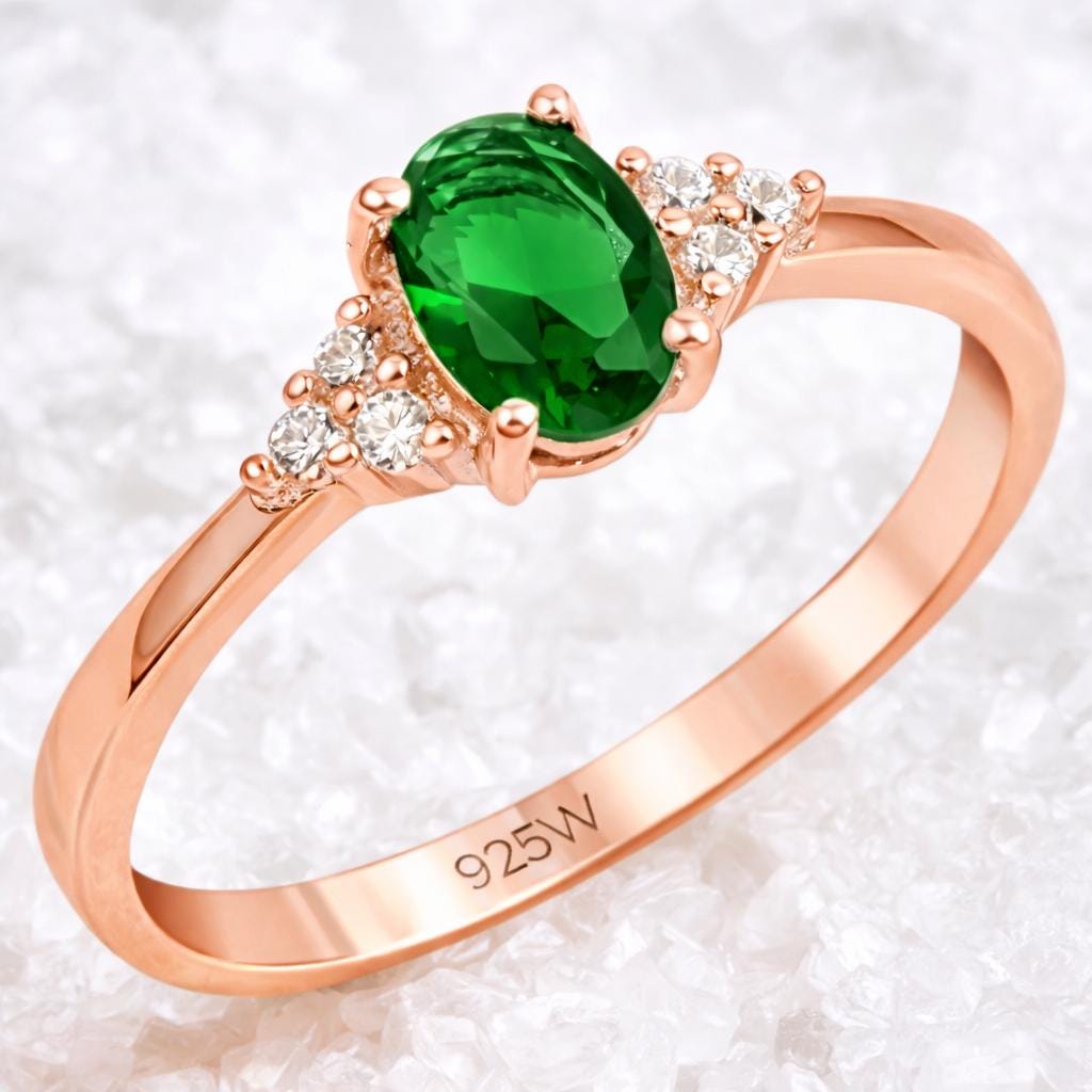925 Sterling Silver Oval Emerald Green CZ Ring, Dainty Engagement Promise Ring