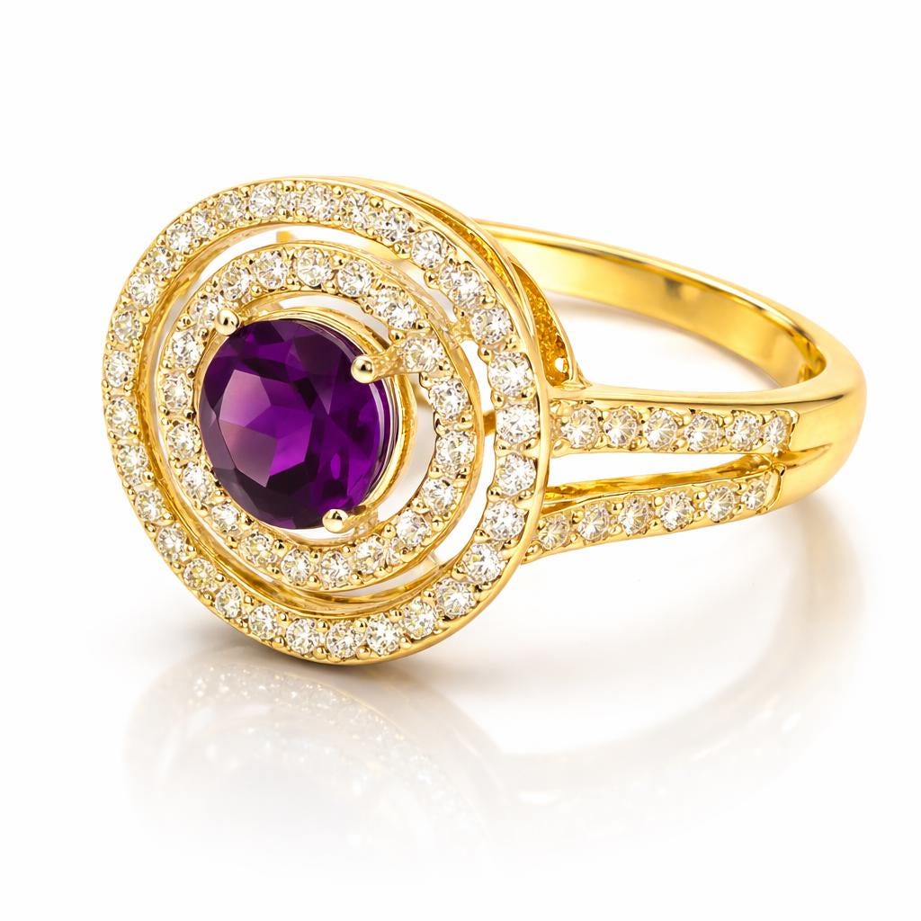 925 Sterling Silver Oval Amethyst Double Halo Ring, Vintage Style Statement Ring