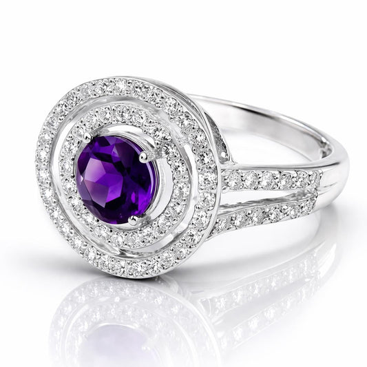 925 Sterling Silver Oval Amethyst Double Halo Ring, Vintage Style Statement Ring