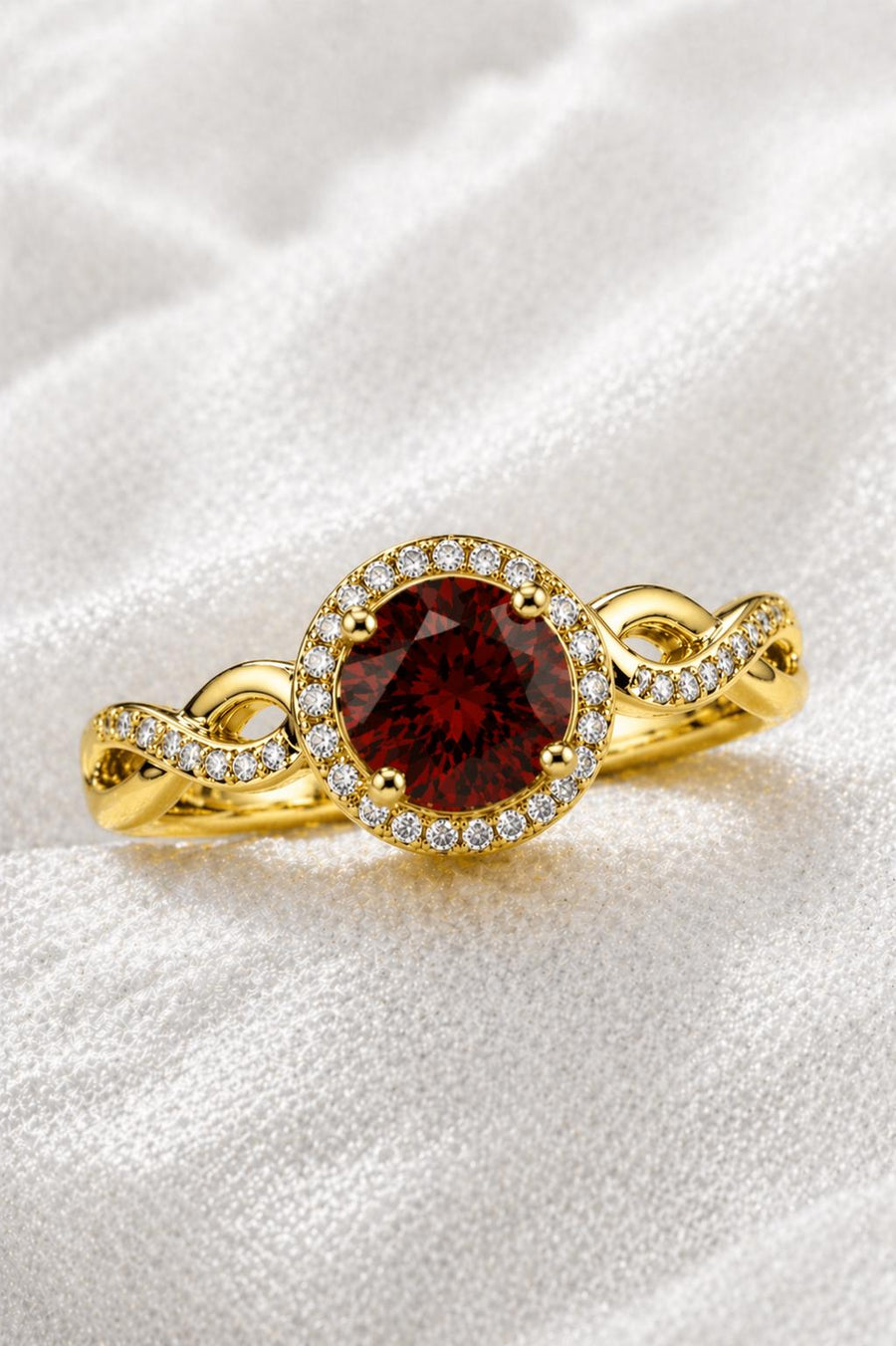 Sterling Silver Garnet Halo Ring, January Birthstone, Infinity Twist Band, CZ Accents