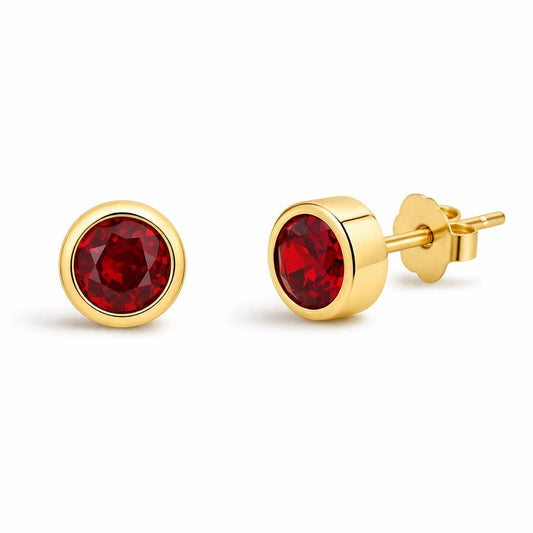 925 Sterling Silver Red CZ Bezel Stud Earrings, Minimal Round Classic Jewelry