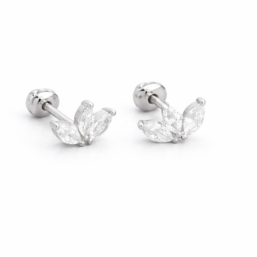925 Sterling Silver Leaf CZ Stud Earrings, Marquise Cut, Minimal Floral Design
