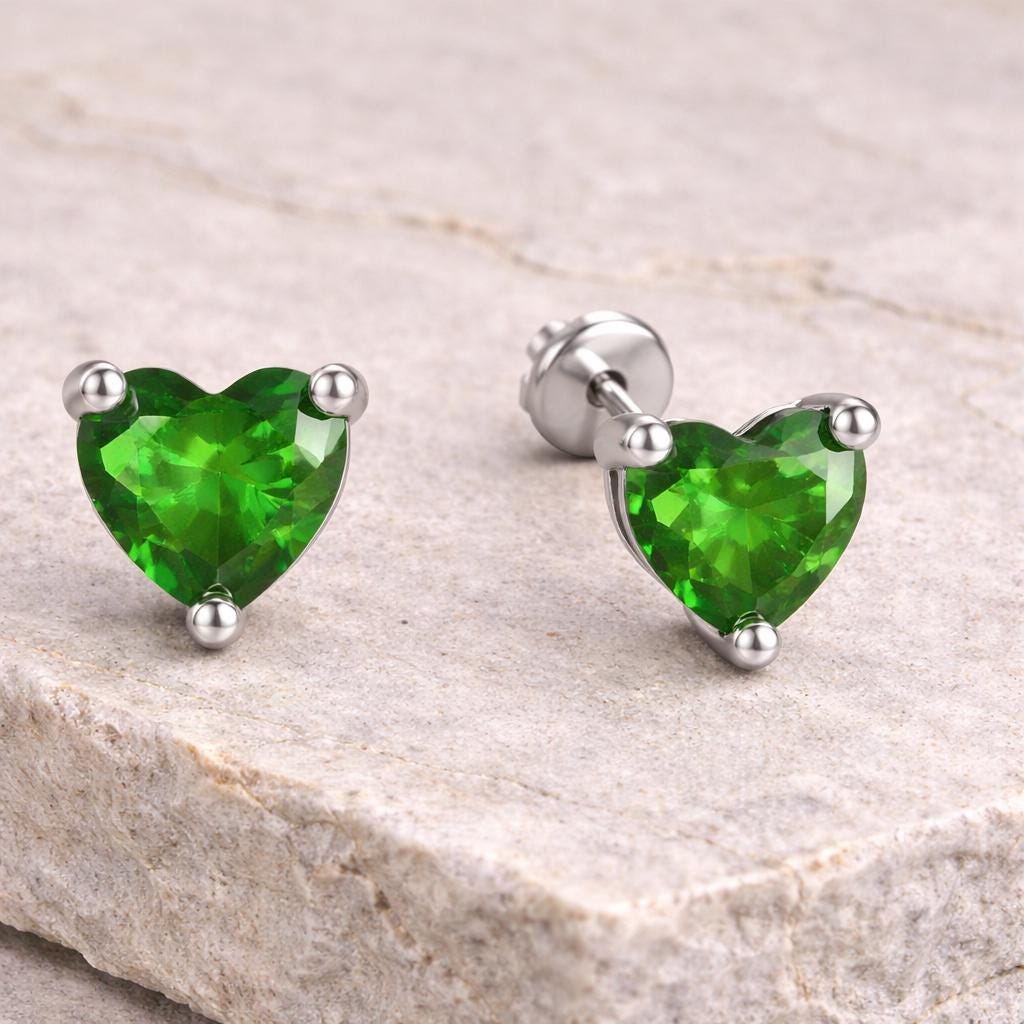 Sterling Silver Green Heart CZ Stud Earrings, Emerald Dainty Minimal Jewelry