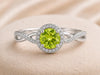 Sterling Silver Peridot Halo Ring, Twisted Infinity Band, August Birthstone Promise Ring