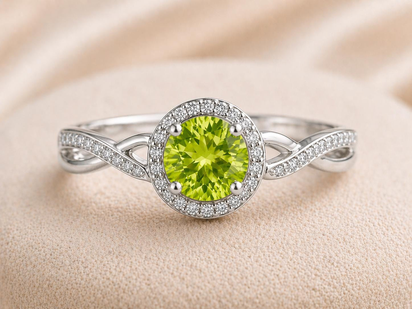 Sterling Silver Peridot Halo Ring, Twisted Infinity Band, August Birthstone Promise Ring