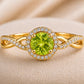 Sterling Silver Peridot Halo Ring, Twisted Infinity Band, August Birthstone Promise Ring