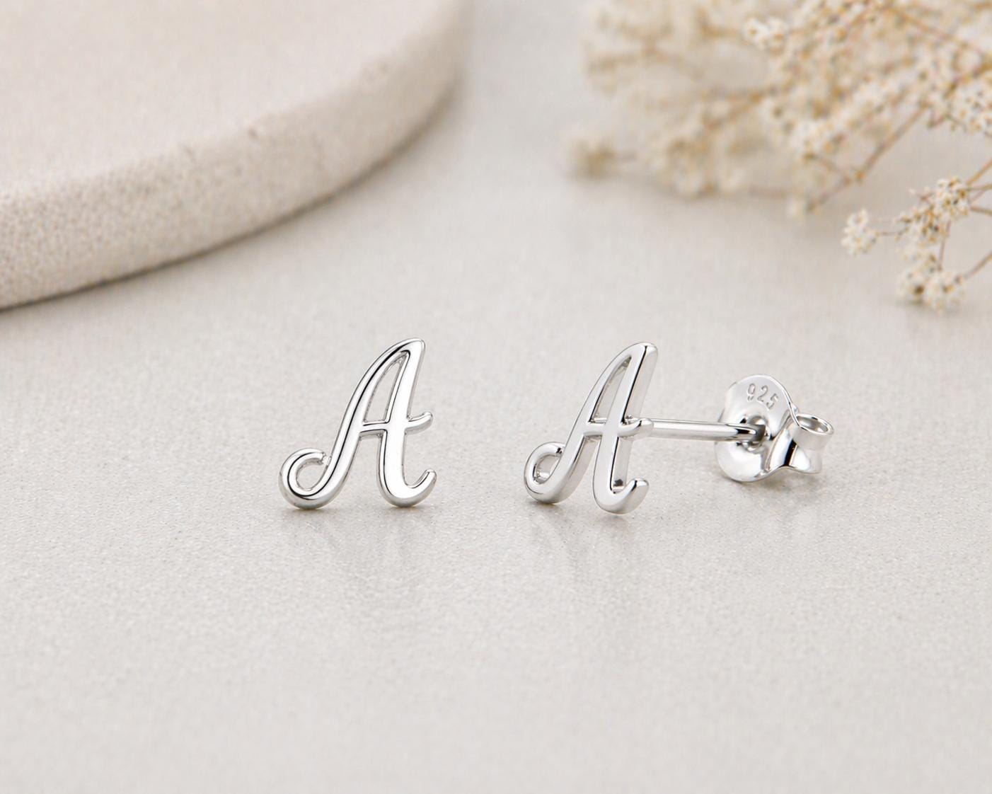 Sterling Silver Initial A Stud Earrings, Cursive Alphabet Minimalist Jewelry