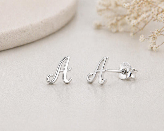 Sterling Silver Initial A Stud Earrings, Cursive Alphabet Minimalist Jewelry