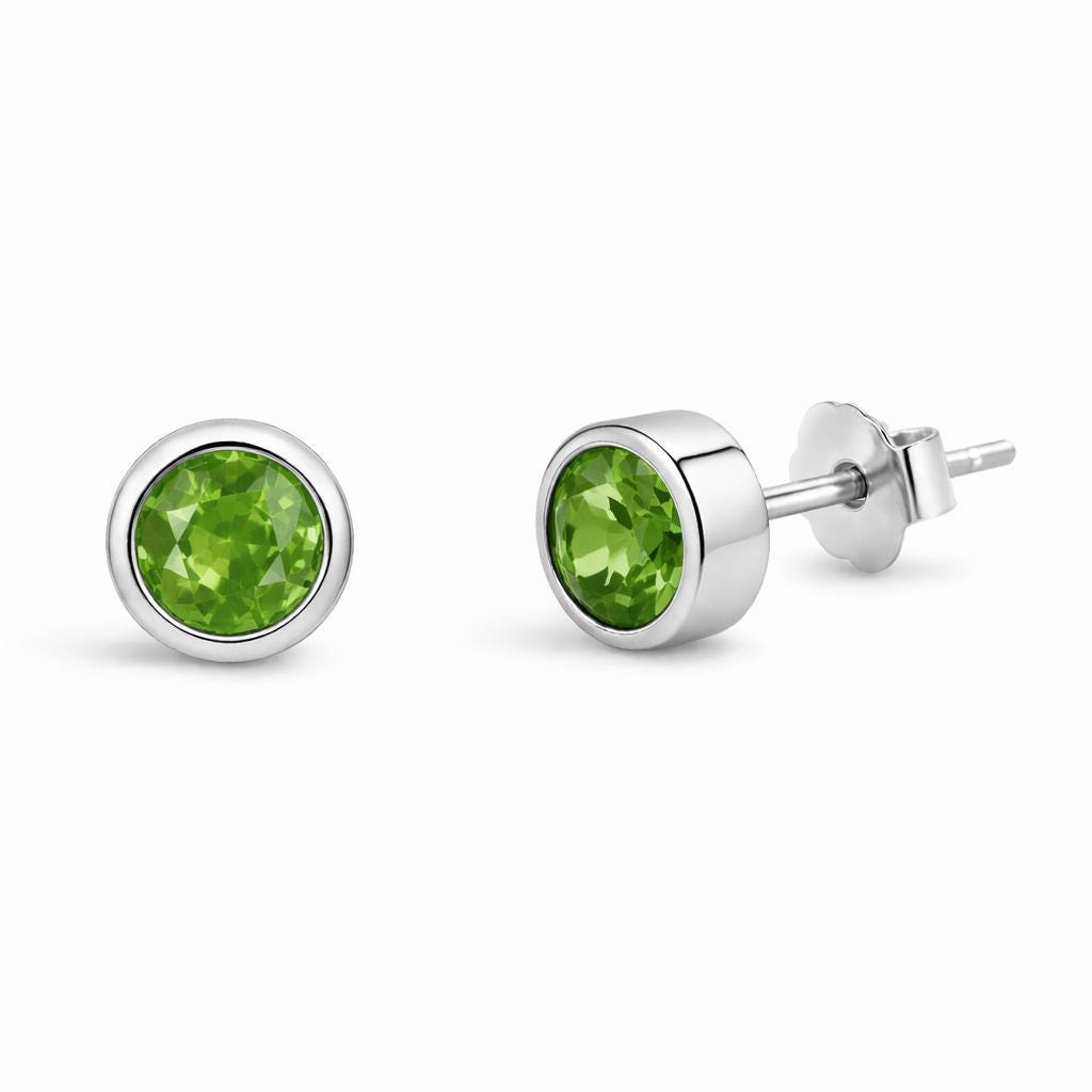 925 Sterling Silver Green CZ Bezel Stud Earrings, Minimal Round Dainty Studs