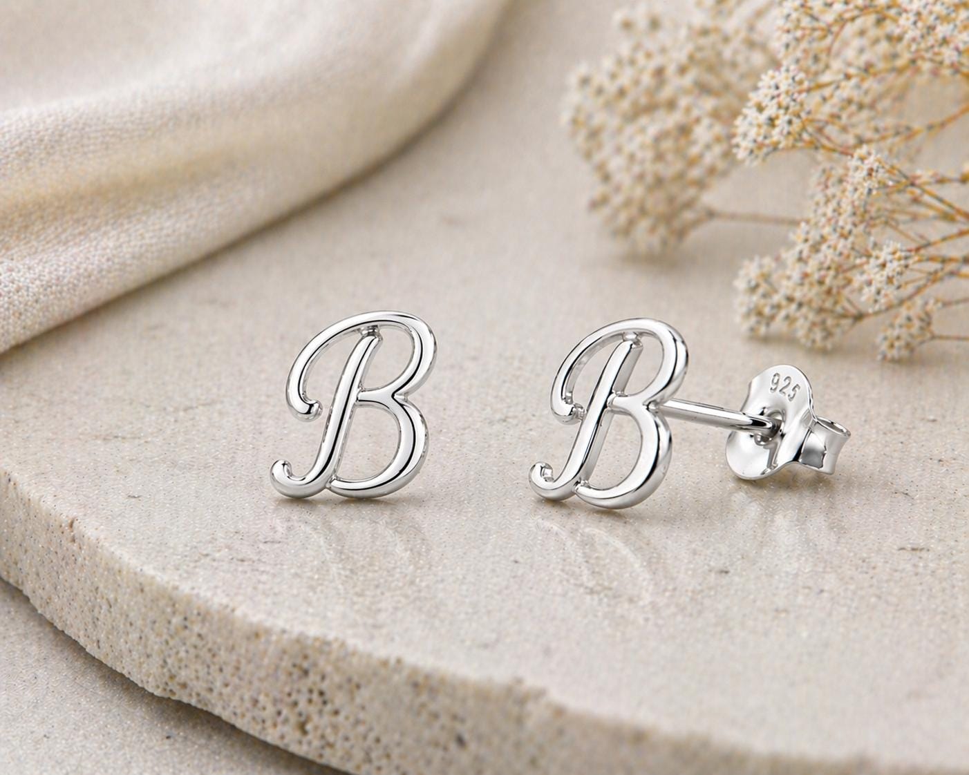 Sterling Silver Initial B Stud Earrings, Minimalist Alphabet Jewelry