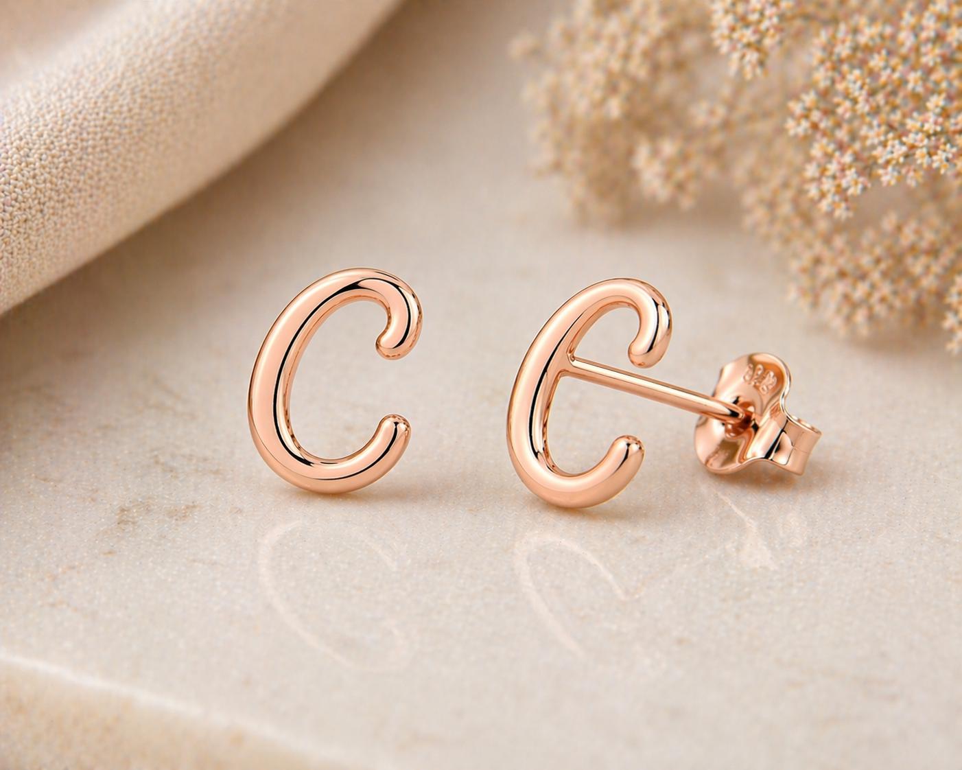Sterling Silver C Initial Stud Earrings, Minimalist Cursive Alphabet Jewelry